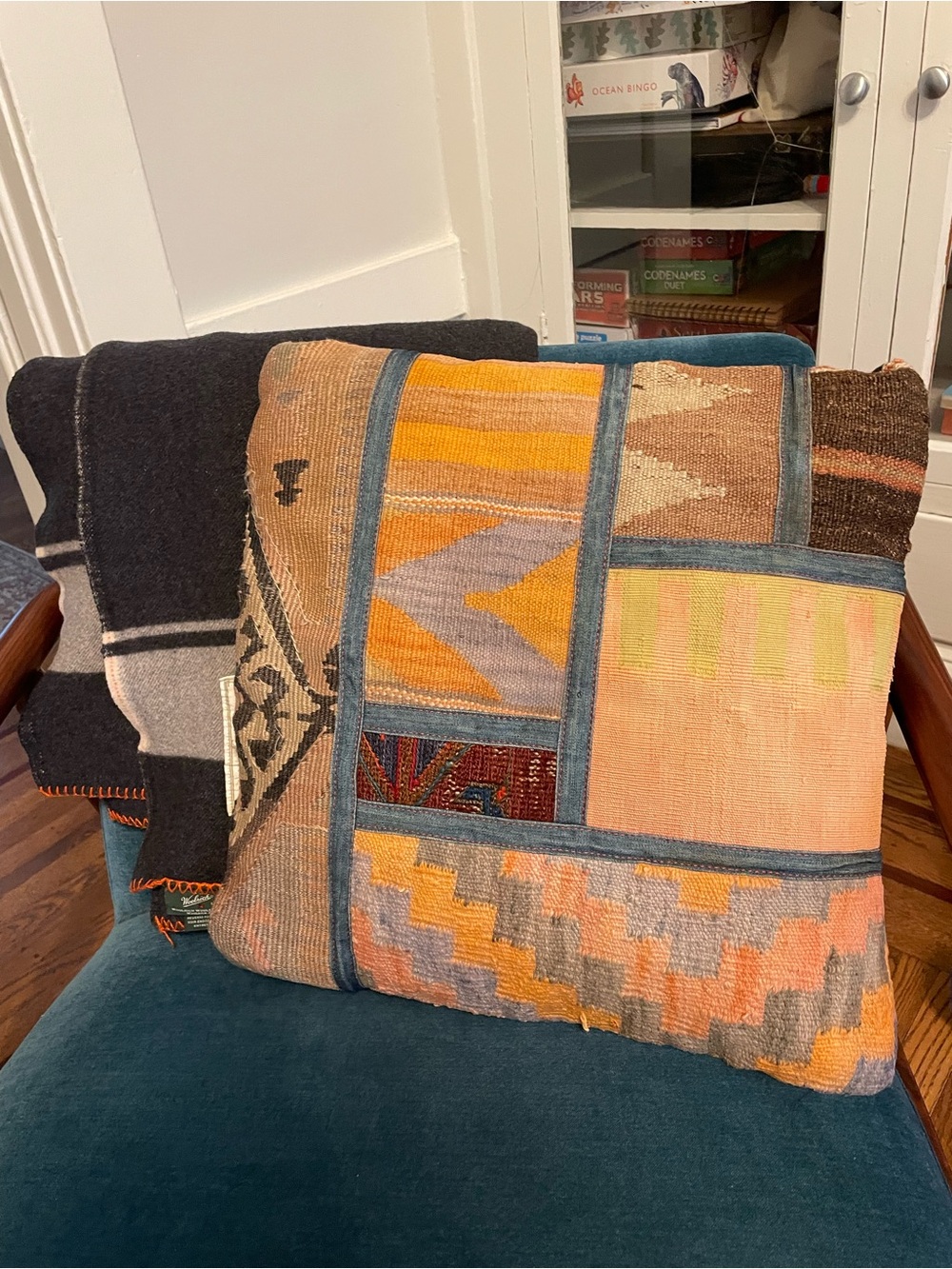 Patchwork Kilim Accent Pillow Covers with denim details